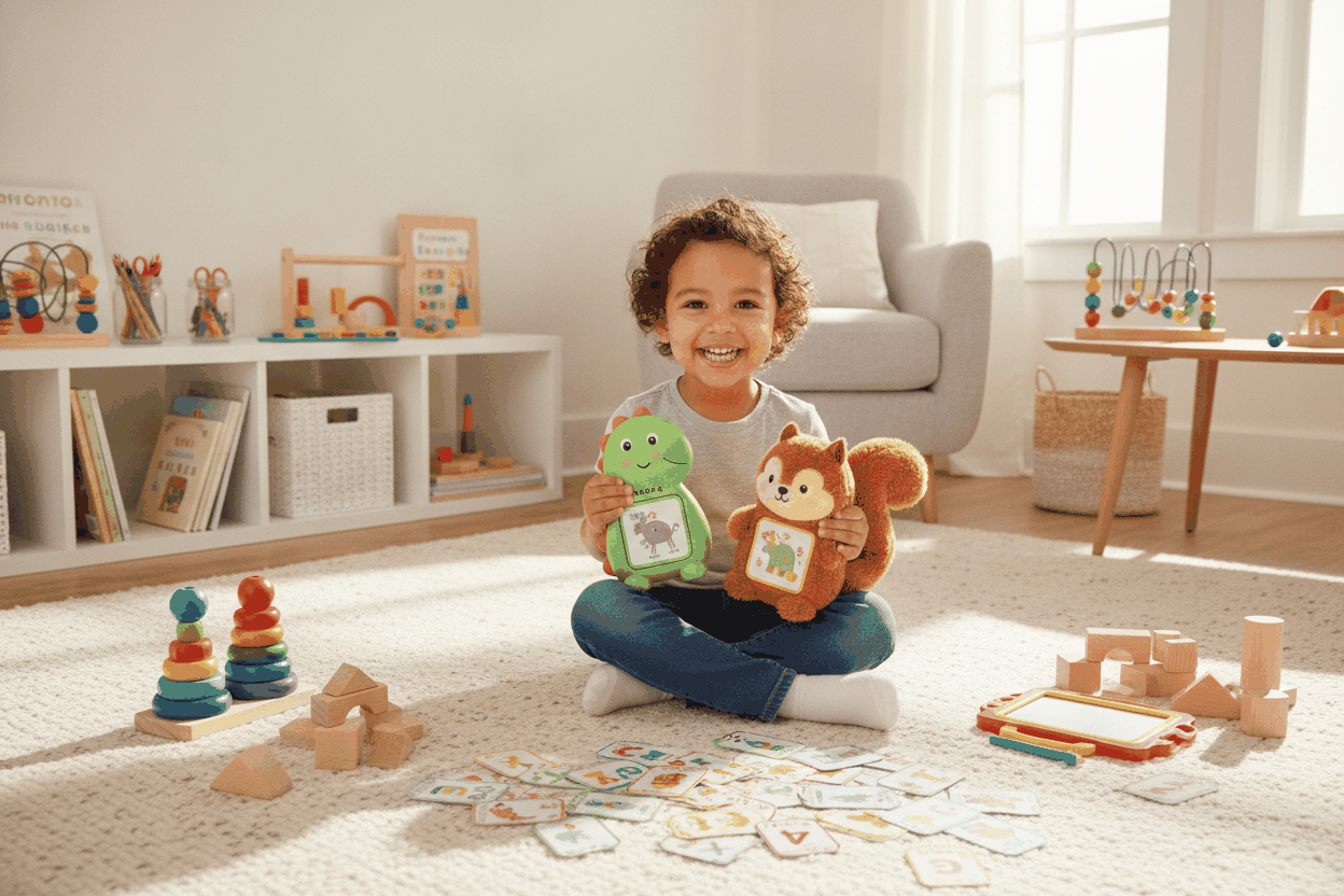 Smiling child playing with best educational gifts for preschoolers including plush toys and alphabet cards
