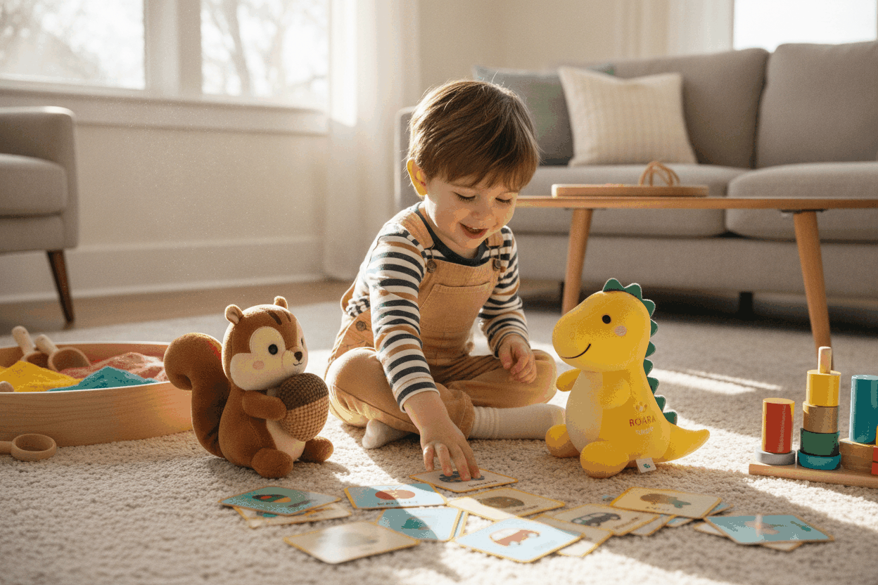 Toddler playing with best educational gifts for preschoolers including flashcards and learning toys
