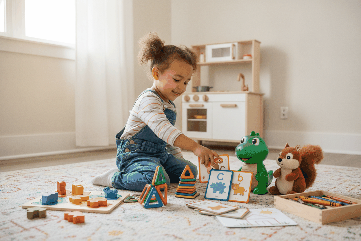 Preschooler playing with best educational gifts like puzzles, flashcards, and learning toys for early development
