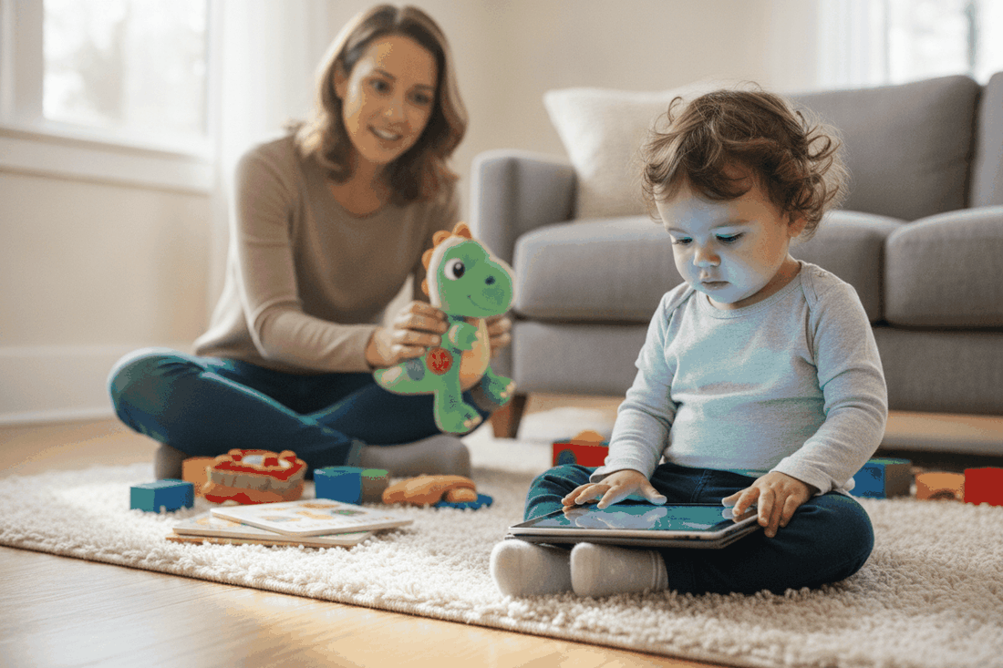 Toddler focused on digital screen while parent encourages play, highlighting how digital screens cause depression in toddlers