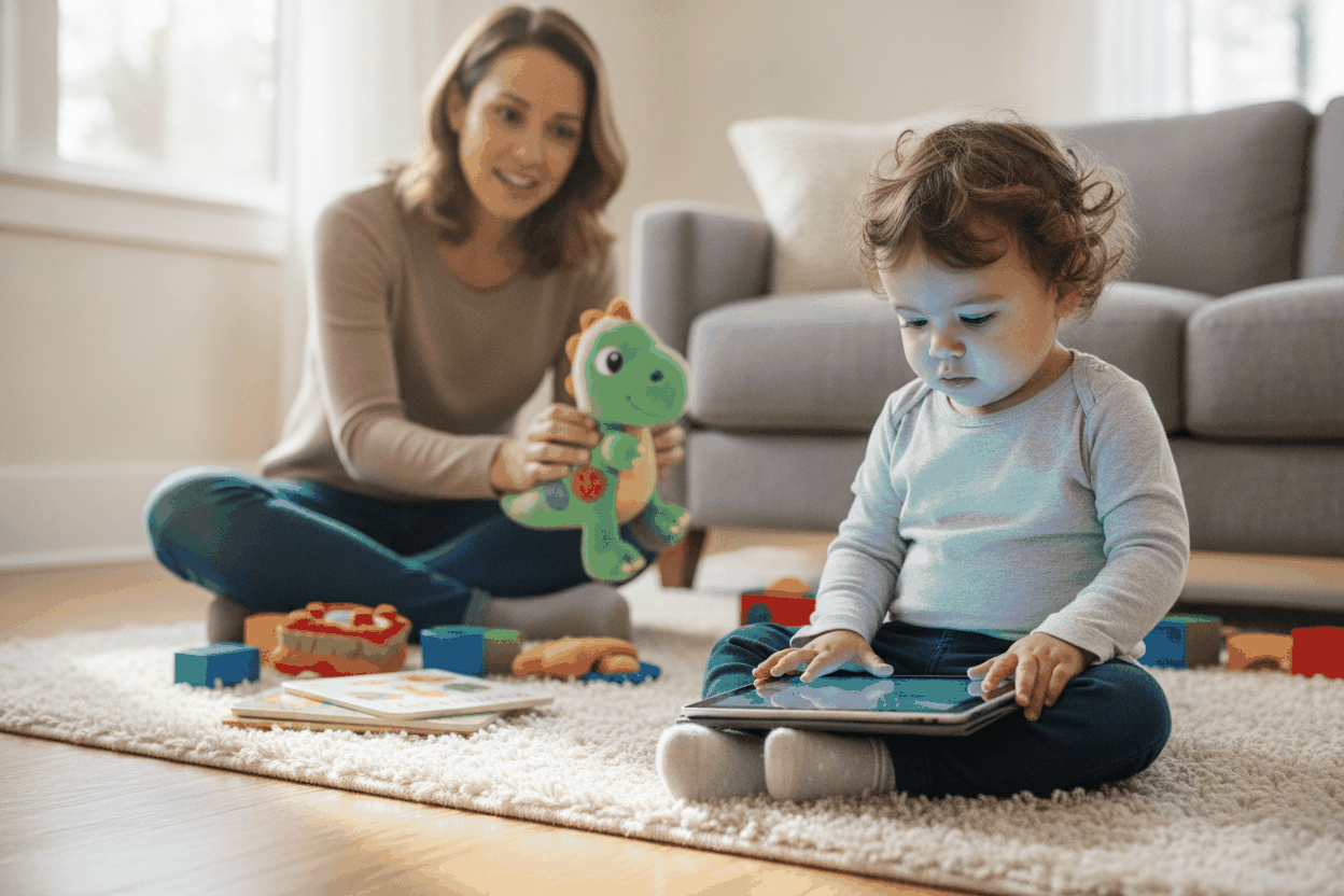 Toddler focused on digital screen while parent encourages play, highlighting how digital screens cause depression in toddlers