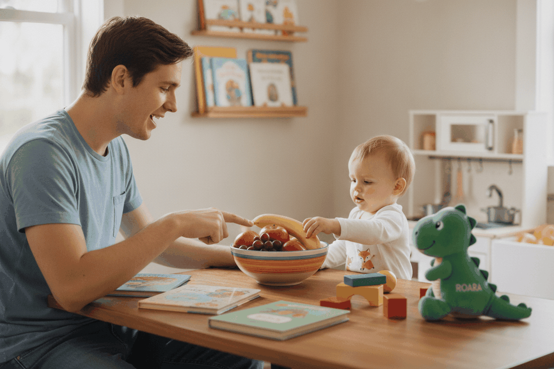 Father and toddler playing and naming fruits to show how to boost toddler vocabulary at home