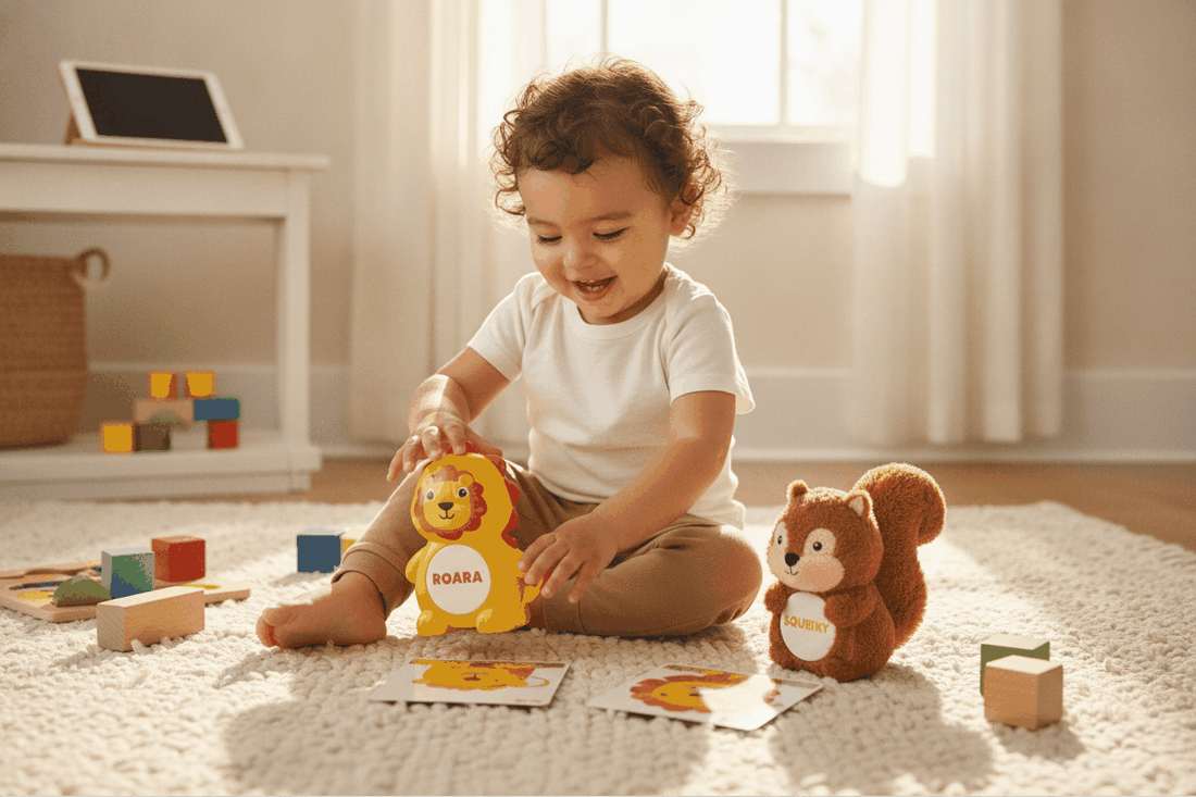 Happy toddler playing with a screen-free children interactive toy to prevent child from becoming a zombie