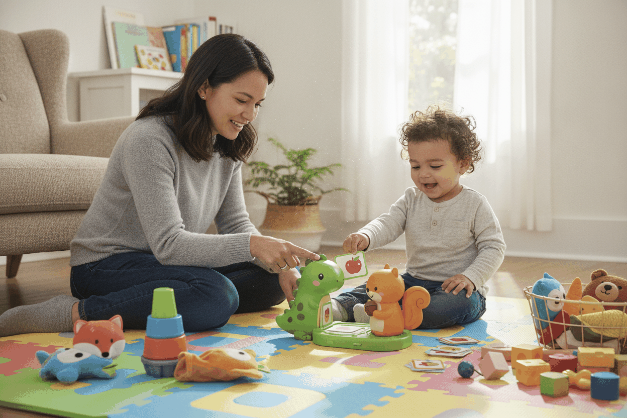 Parent and child enjoy screen-free toddler toy with colorful educational activities on play mat