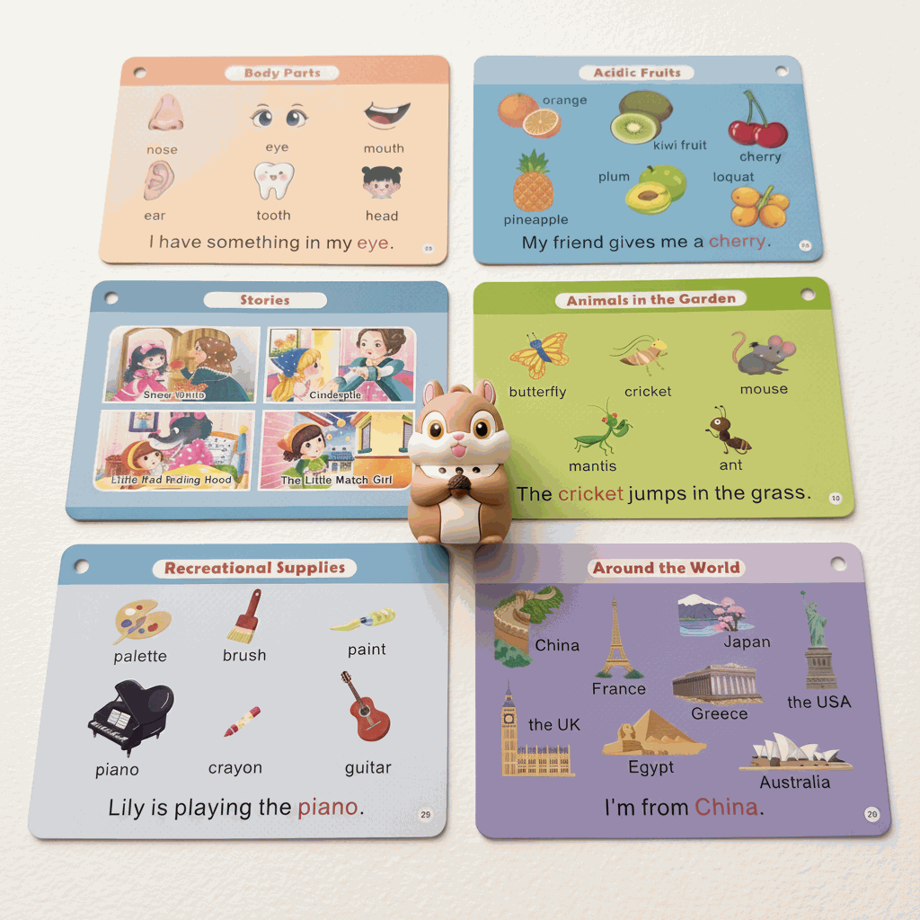 Six colorful educational flashcards for children arranged on a white surface, with a small chipmunk figurine standing in the center. The cards cover topics such as body parts, acids/fruits, stories, animals in the garden, recreational supplies, and around the world.