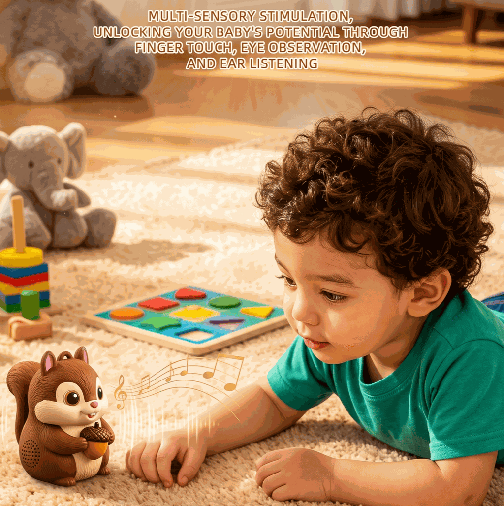 A young child lies on a beige carpet, interacting with a colorful educational toy set. The set includes a small squirrel holding an apple, a fruit sorting board, and two printed cards reading 'Acidic Fruits' and 'Farm Animals.