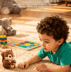 A young child lies on a beige carpet, interacting with a colorful educational toy set. The set includes a small squirrel holding an apple, a fruit sorting board, and two printed cards reading 'Acidic Fruits' and 'Farm Animals.
